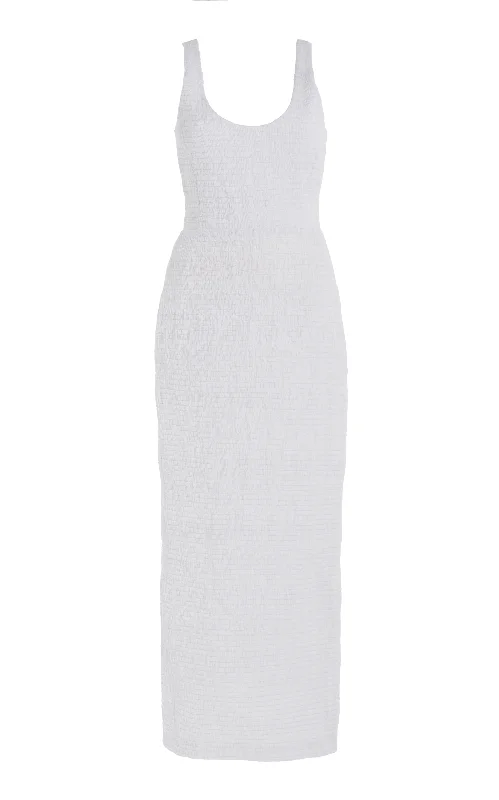 French Style Girard Shirred Maxi Dress in White Aloe Linen