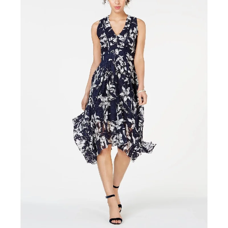 Warm Layers Taylor Women's Printed Lace Handkerchief Hem Dress Black Size 12