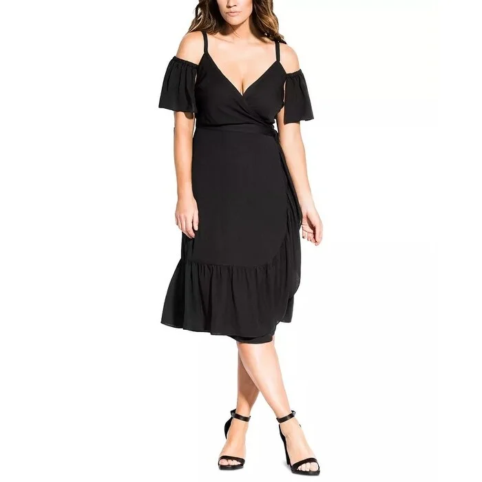Elegant Fit City Chic Women's Trendy Plus Off-Shoulder Wrap Dress Black Size 18
