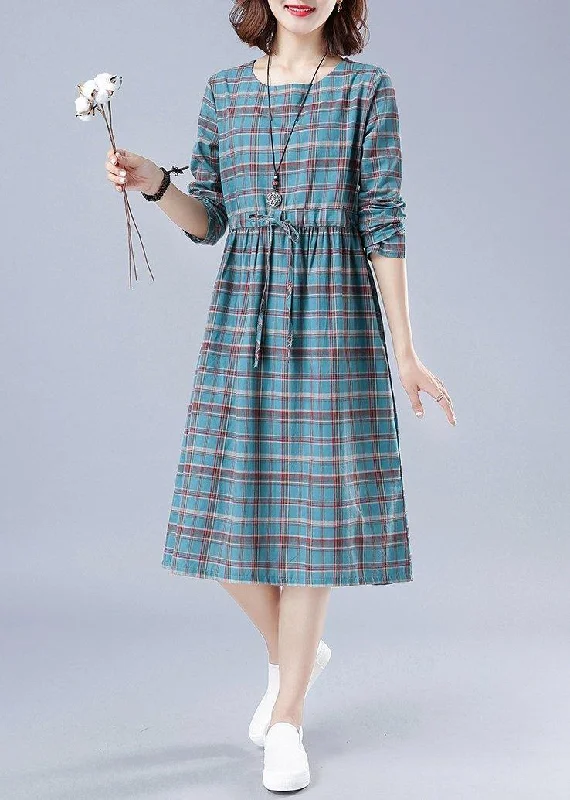 Lively And Youthful Unique O Neck Drawstring Spring Dress Runway Blue Plaid Dresses