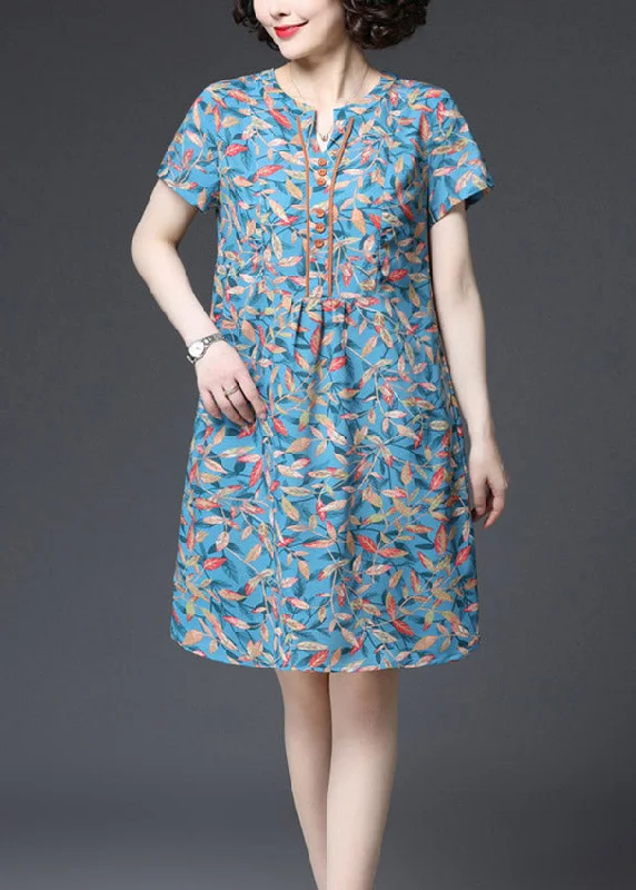Comfortable Mind Stylish Blue V Neck Print Button Pockets Dresses Short Sleeve