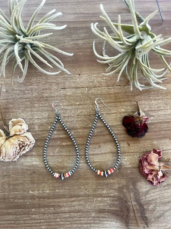 Celebrity Style 3 mm teardrop earrings Sterling Silver Pearls with orange spiny
