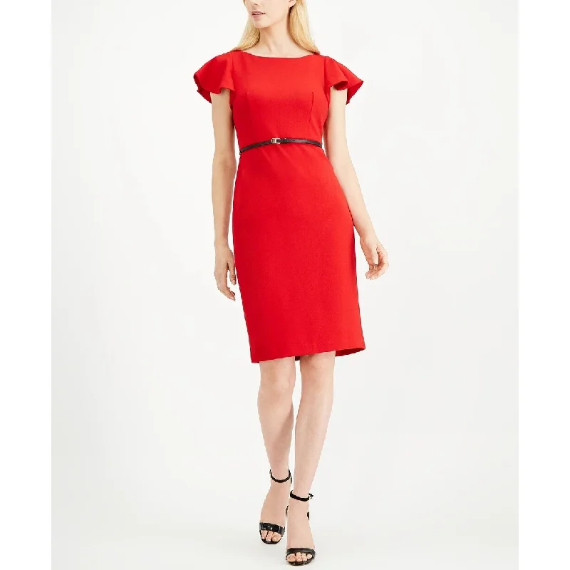 Trendy Comfort Calvin Klein Women's Belted Ruffle Sleeve Sheath Dress Red Size 6