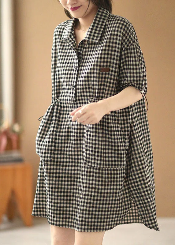 Advanced Design Stylish Black Beige Plaid Peter Pan Collar Drawstring Cotton Vacation Dresses Short Sleeve Advanced Design Stylish Black Beige Plaid Peter Pan Collar Drawstring Cotton Vacation Dresses Short Sleeve