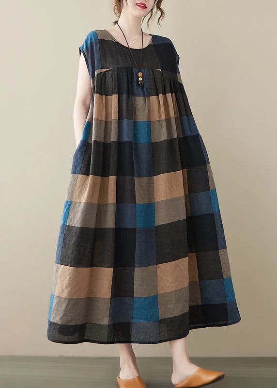 Minimal Classic Stylish Black Plaid O-Neck Linen Long Dresses Short Sleeve