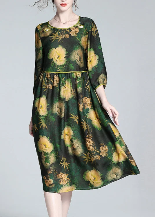 Sports And Leisure Stylish Green O-Neck Print Wrinkled Silk Long Dresses Spring