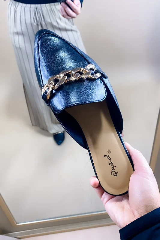 Sweet Style 9 To 5- {Black & Beige} Leather Mule w/ Rose Gold Chain Detail