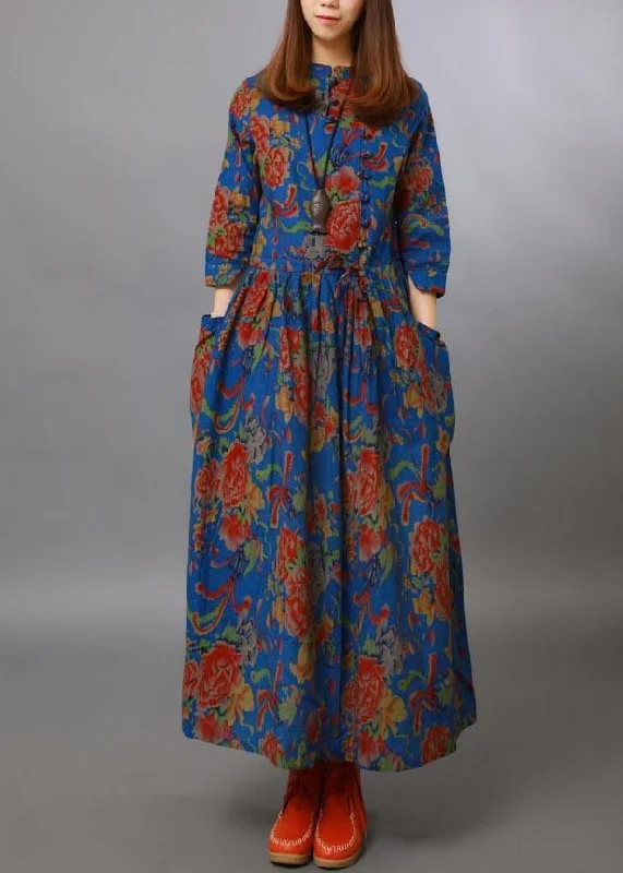 Simple And Comfortable Unique Blue peony Tunic Stand Collar Half Sleeve Maxi Spring Dresses