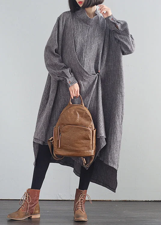 High-end Fashion Stylish Dark Gray Turtleneck Asymmetrical Low High Design Cotton Long Dresses Fall