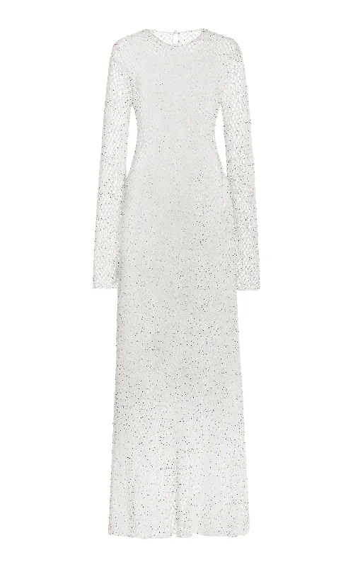 British Style Xavier Crochet Maxi Dress in White Beaded Cashmere
