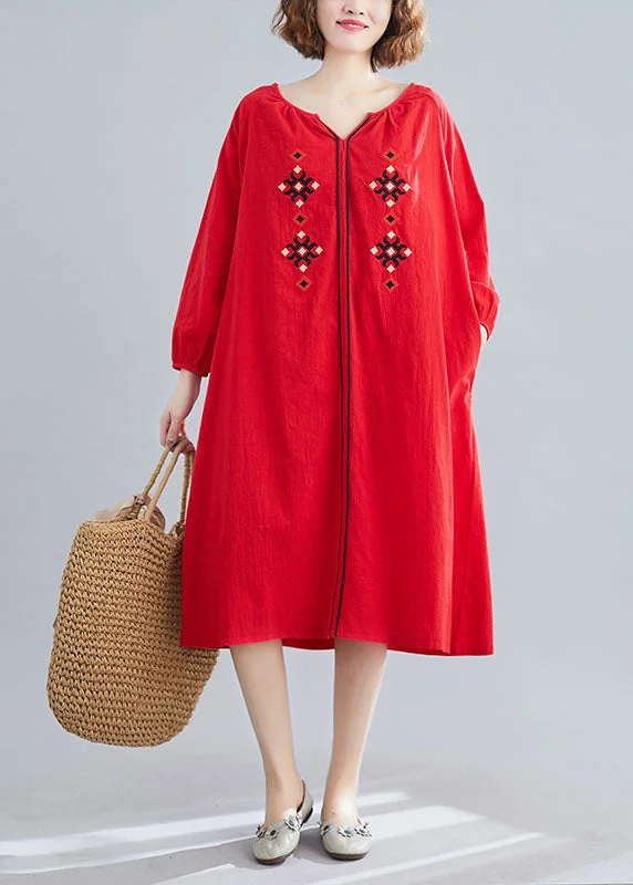 Chic Relaxation Style Red Embroideried Loose Dresses Spring