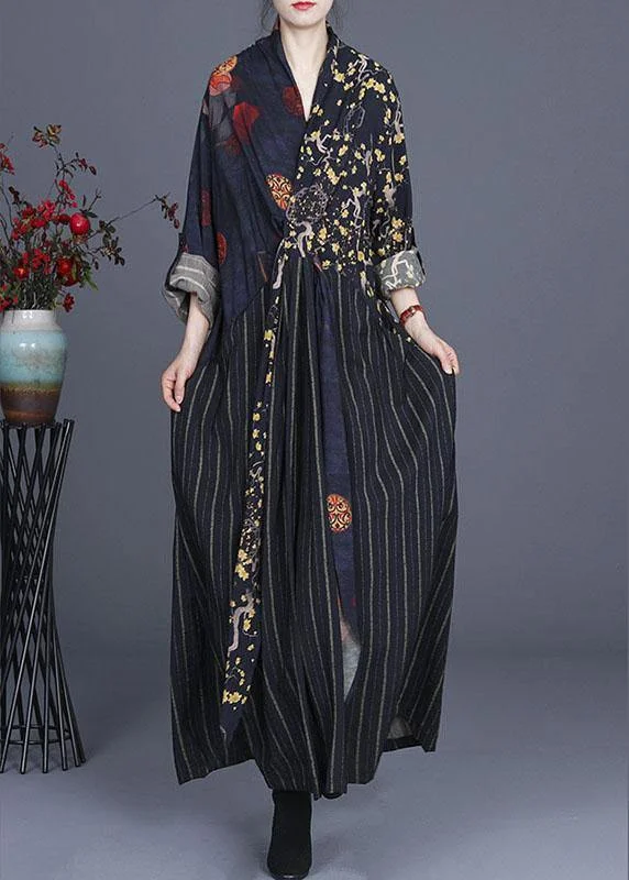 Street Fashion Unique Navy Print Patchwork tie waist Fall Long sleeve Vacation Dresses