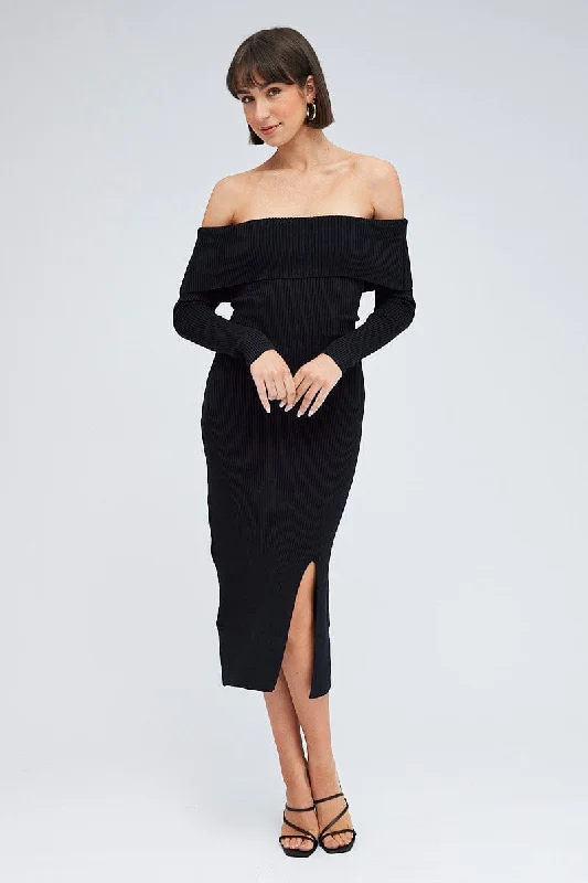 Goddess Style Black Midi Dress Long Sleeve Off Shoulder Bardot Knit