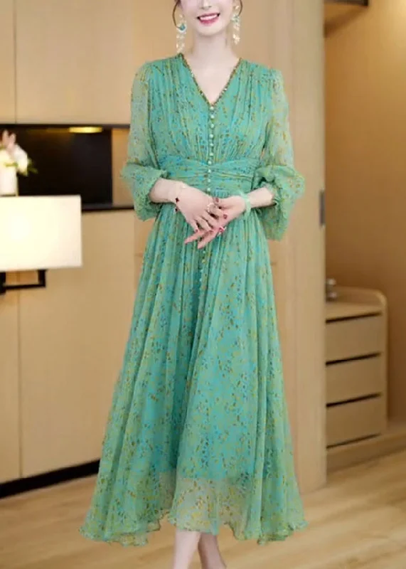 Comfortable Series Stylish Green V Neck Print Button Slim Chiffon Maxi Dresses Spring