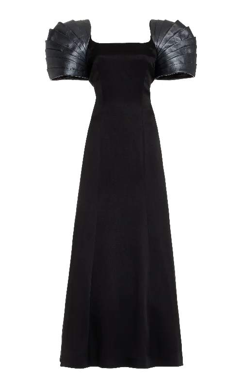 Slim Fit Duchess Maxi Dress in Black Silk Satin with Metallic Nappa Leather Shoulders