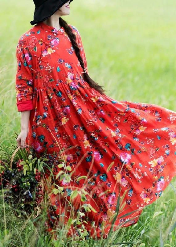 Effortless Outfits Style Stand Spring Clothes For Women Design Red Print Dresses