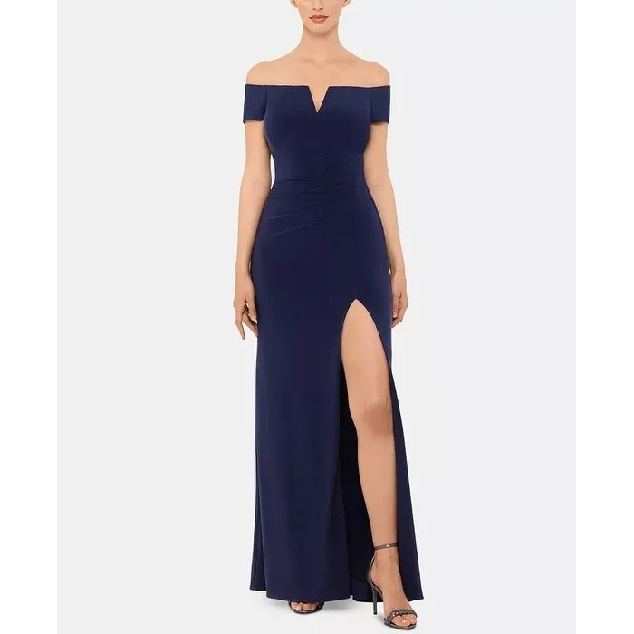 Everyday Comfort Xscape Women's Off The Shoulder Ruched Gown Navy Size 8 Petite - 8 Petite Everyday Comfort Xscape Women's Off The Shoulder Ruched Gown Navy Size 8 Petite - 8 Petite