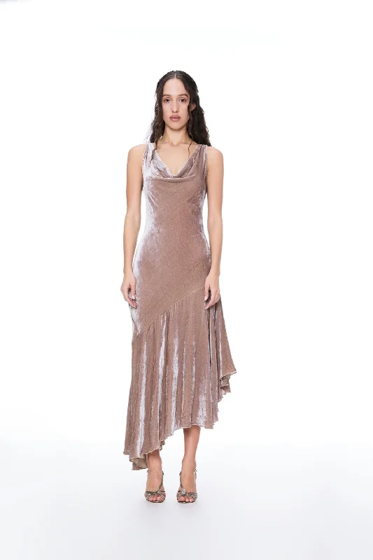 Perfect Tailoring BLUSH DRAPED VELVET MAXI DRESS