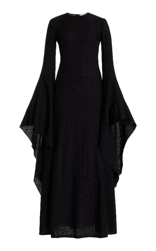 Elegant And Charming Sigrud Draped Maxi Dress in Black Wool Silk Gauze
