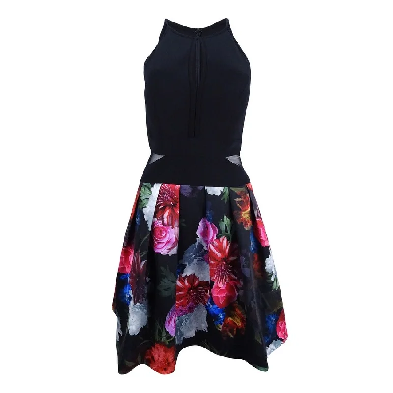 Playful Style X By Xscape Women's Illusion Floral-Print Fit & Flare Dress (8, Black Multi) Playful Style X By Xscape Women's Illusion Floral-Print Fit & Flare Dress (8, Black Multi)