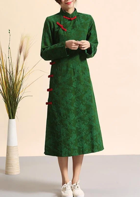 European And American Style Unique Green Clothes Stand Collar Chinese Button Plus Size  Spring Dresses