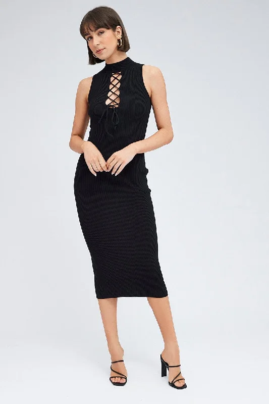 Floral Prints Black Knit Dress High Neck Sleeveless Midi