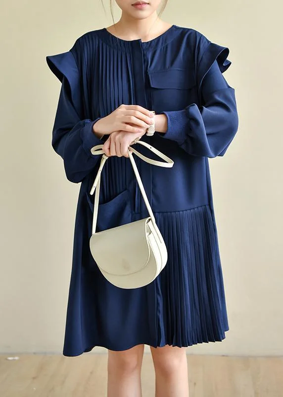 Effortless Wear Style Navy Asymmetric Dresses O Neck Chiffon Dress