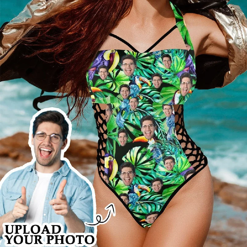 Elegant Wear Custom Face Green Leaves Women's Sexy One Pieces Swimsuit Lace Up Side Halter Back Tie Swimsuit Face Bathing Suit Elegant Wear Custom Face Green Leaves Women's Sexy One Pieces Swimsuit Lace Up Side Halter Back Tie Swimsuit Face Bathing Suit