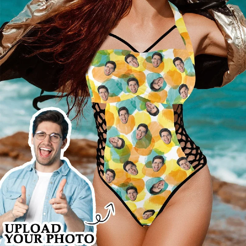 Autumn Selection Custom Face Yellow Green Dot Women's Sexy One Pieces Swimsuit Lace Up Side Halter Back Tie Swimsuit Face Bathing Suit
