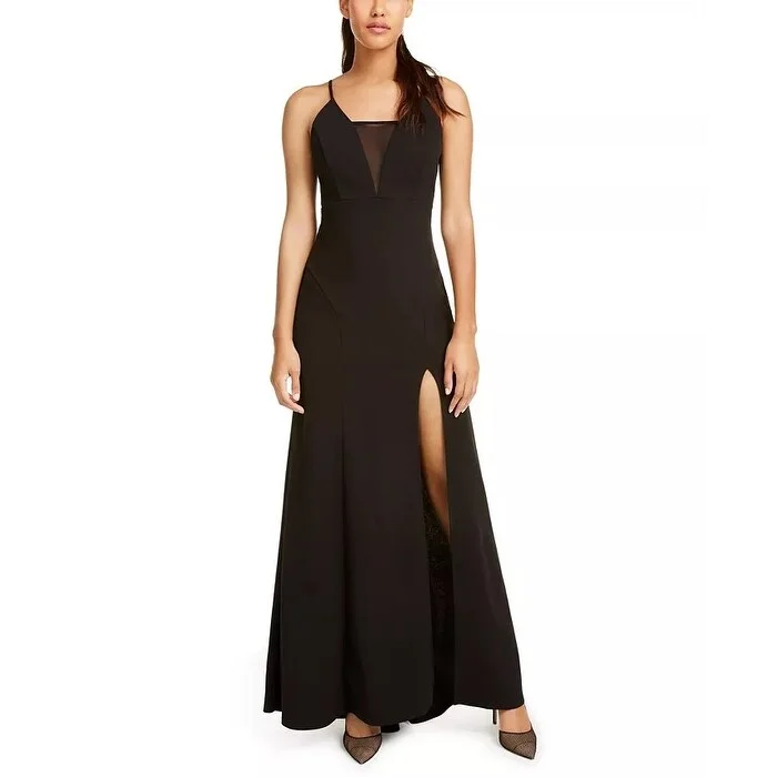 Luxe Comfort Emerald Sundae Juniors' Strappy Illusion Slit Gown Black Size Large