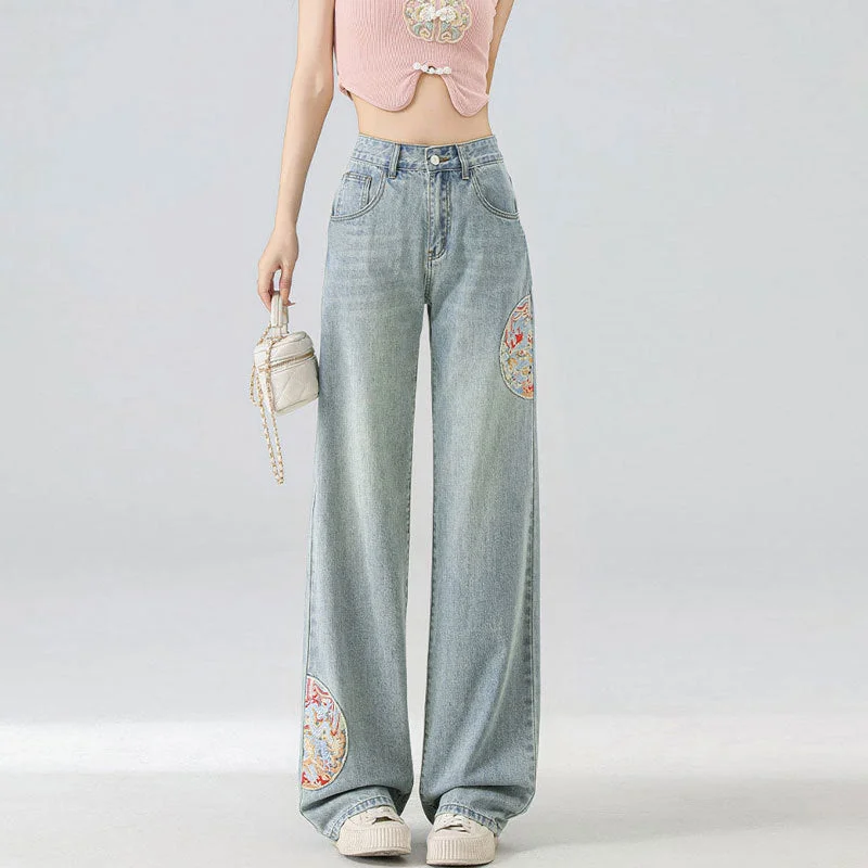 Casual And Casual High Waist Straight Niche Design Embroidered Mopping Wide Leg Trousers