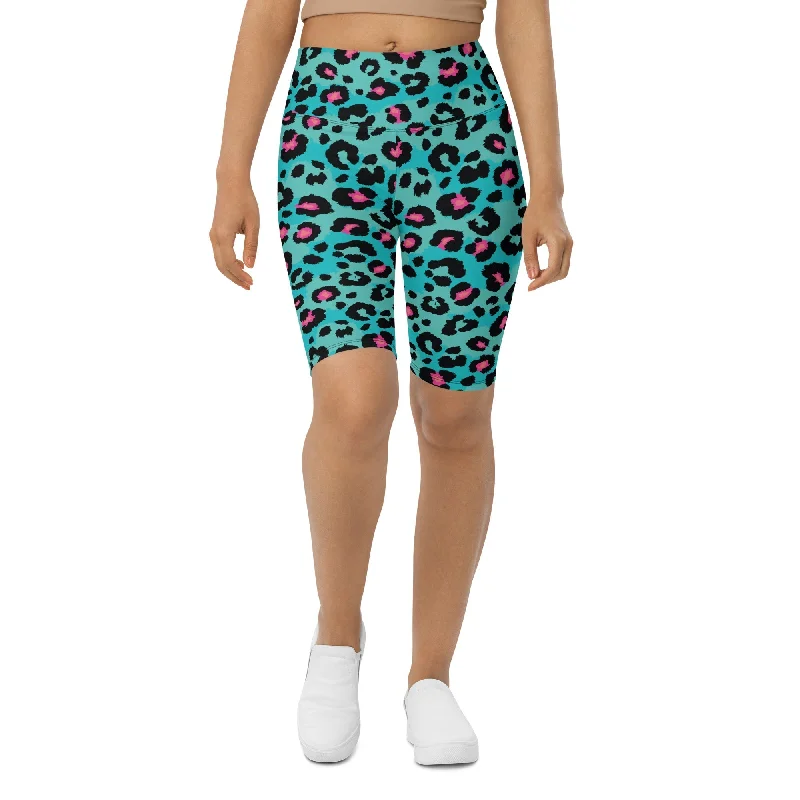 Unique Design Turquoise Leopard Print Biker Shorts