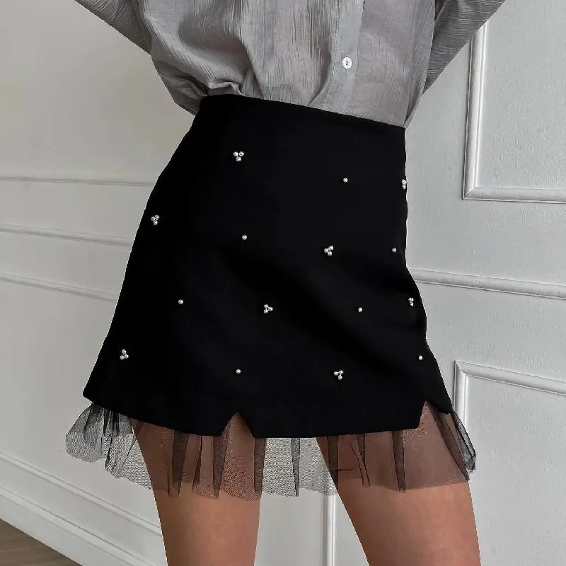 New Season Series Ins High Waist Small Split Mesh Stitching Elegant Commuter Beaded Skirt New Season Series Ins High Waist Small Split Mesh Stitching Elegant Commuter Beaded Skirt