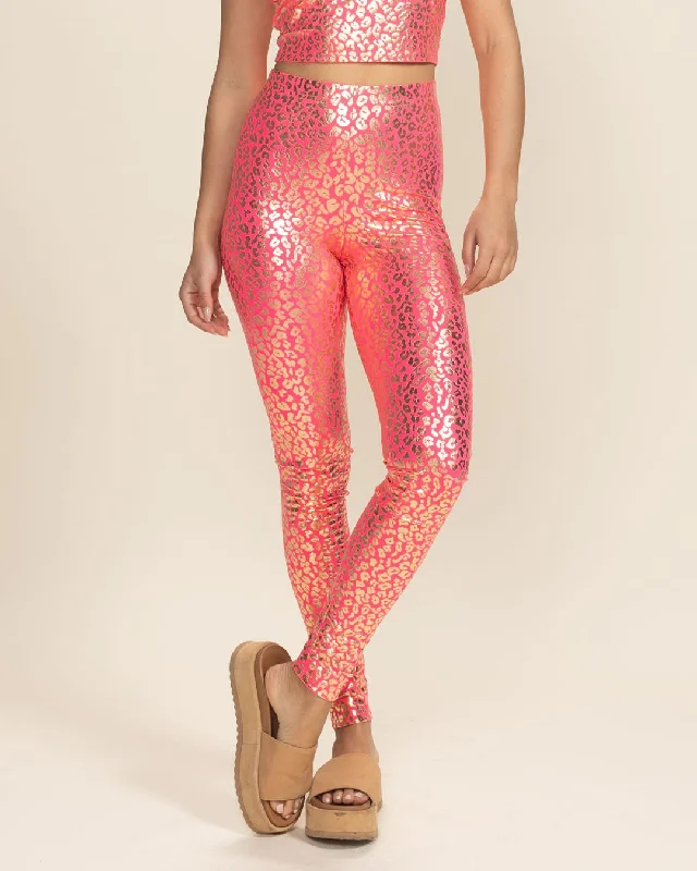Simple Comfort Women's Metallic Leggings | Neon Metallic Pink Leopard