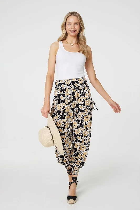 Elegant Series Floral Tassel Tie Pocket Harem Pants