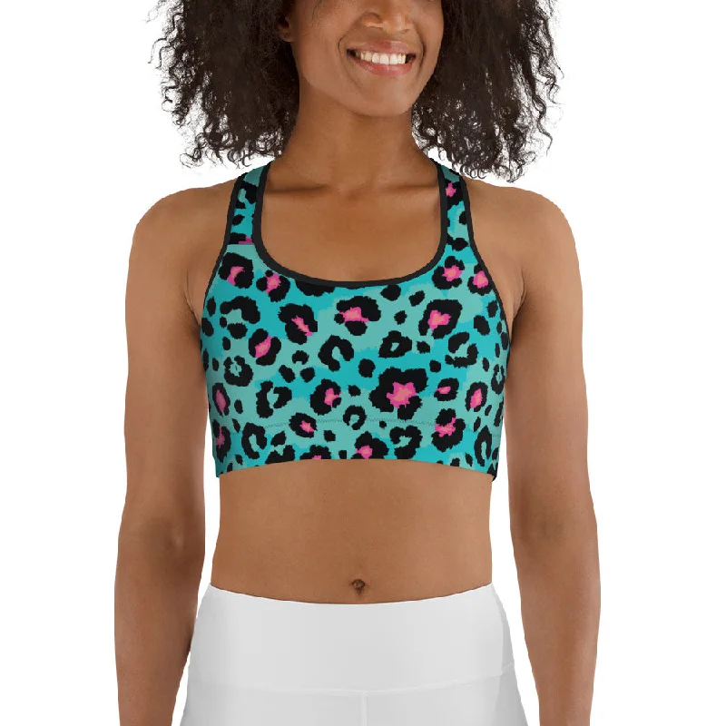 Elegant And Noble Turquoise Leopard Print Sports Bra