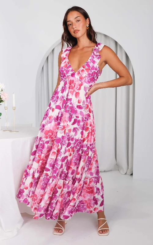 Classic Retro Polly Maxi Dress - Purple Pink Floral