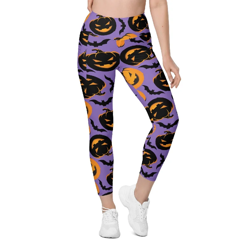 Floral Prints Bats and Jack O'Lanterns Leggings With Pockets