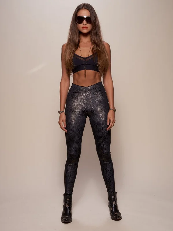 Cozy Fit Women's Velvet Leggings | Black Metallic Snakeskin