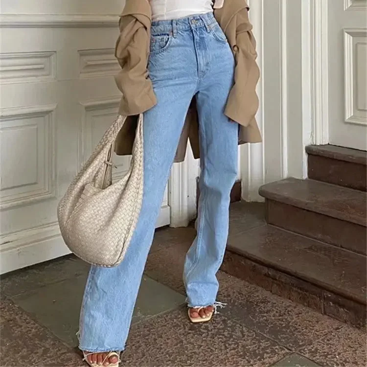 Smart Comfort Wear New Women's Raw Hem High Waist Denim Trousers