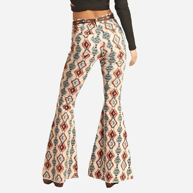 Fashion Concept Rock and Roll Denim Cowhide Aztec Print Bell Bottom Jeans