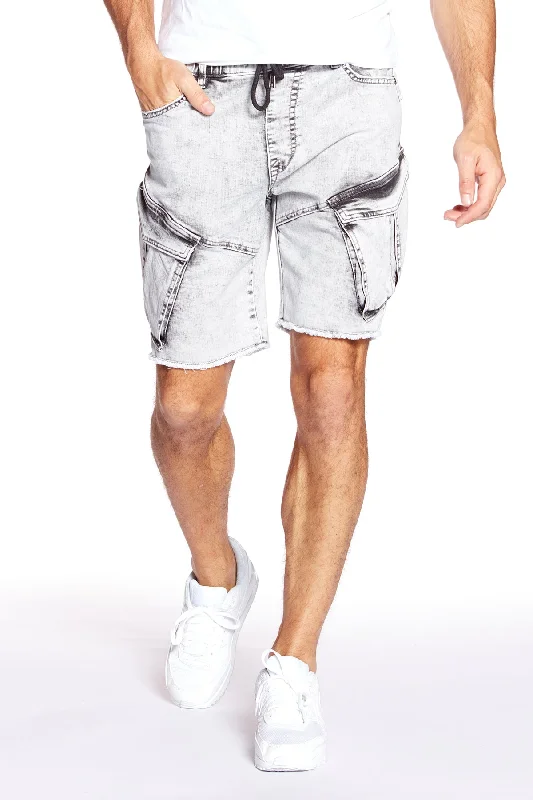 Simple Design KRAVITZ - Mens 5-Pockets Pull-On Cargo Denim Shorts - Light Grey Acid Wash
