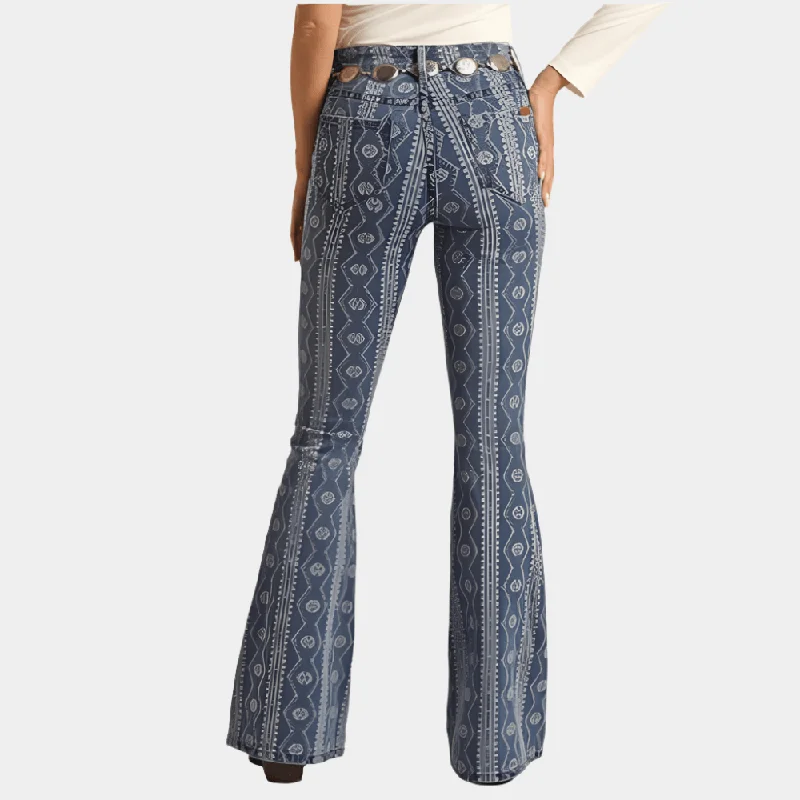 All-Day Comfort Rock and Roll Denim Indigo Aztec Button Flare Jean