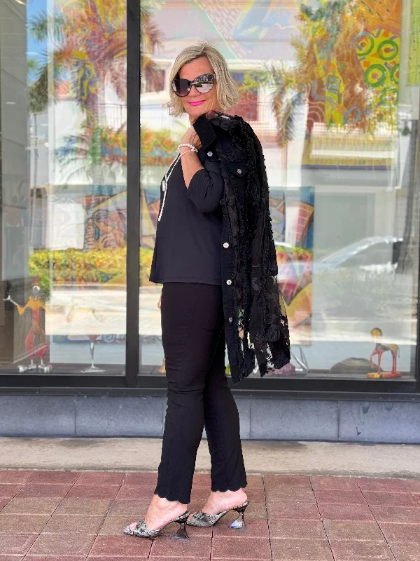 Printed Patterns ETHYL SCALLOP BLACK PANTS