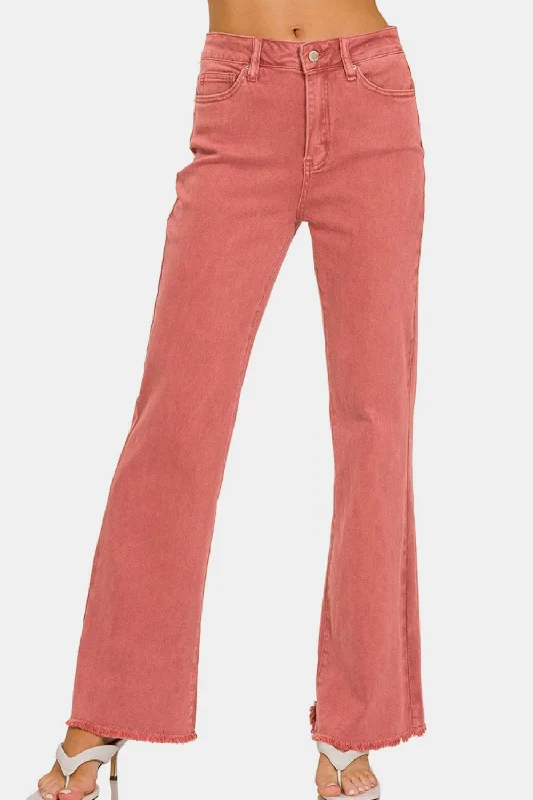 Breathable Comfort Acid Washed Frayed Hem Bootcut Jeans