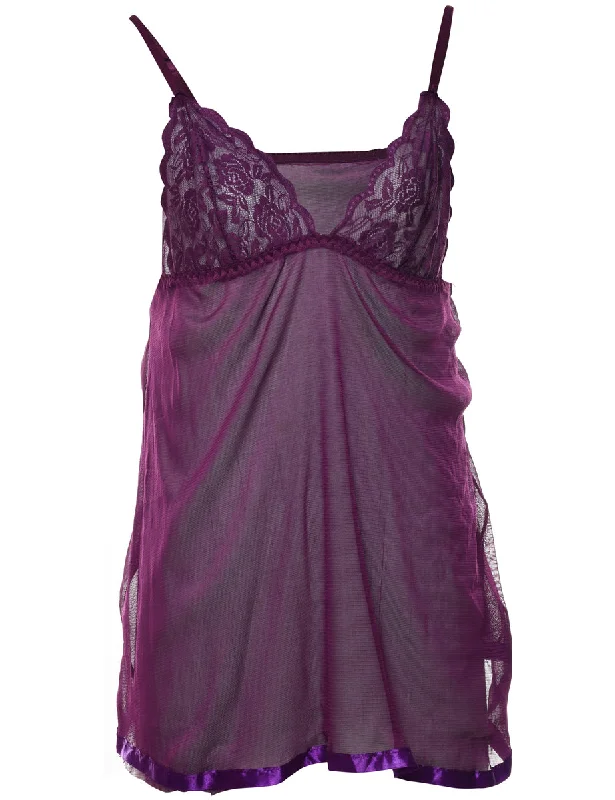 Trendy Comfort Sheer Purple Lace Trim Babydoll - S