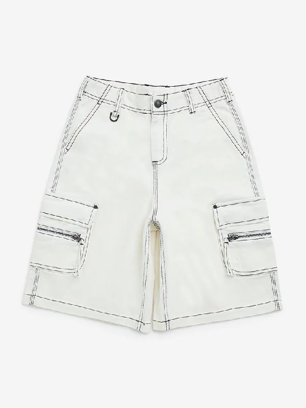 Everyday Comfort Y&F Kids Off-White Cargo-Style Mid-Rise Denim Shorts