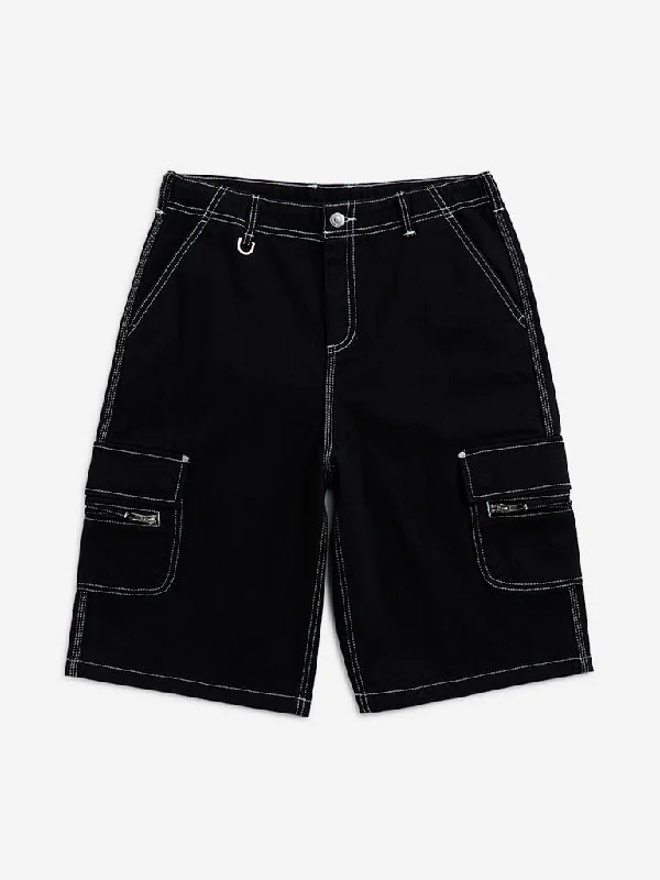 Soft Fabrics Y&F Kids Black Cargo-Style Mid-Rise Denim Shorts