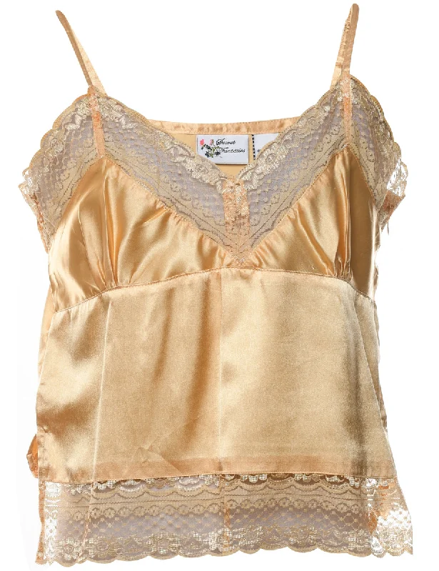 Modern Comfort Shiny Gold Lace Trim Strappy Slip - L