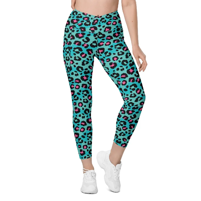 Unique Design Turquoise Leopard Print Crossover Leggings With Pockets